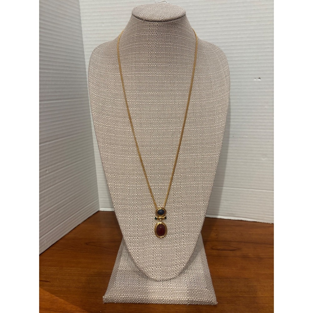 Vintage Egyptian Revival Scarab Pendant Necklace Gold plated Multi Stone 30 Inch